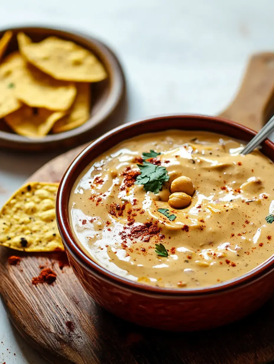 Herby, creamy dip with a flurry of spices, beside golden corn chips in a wooden bowl.