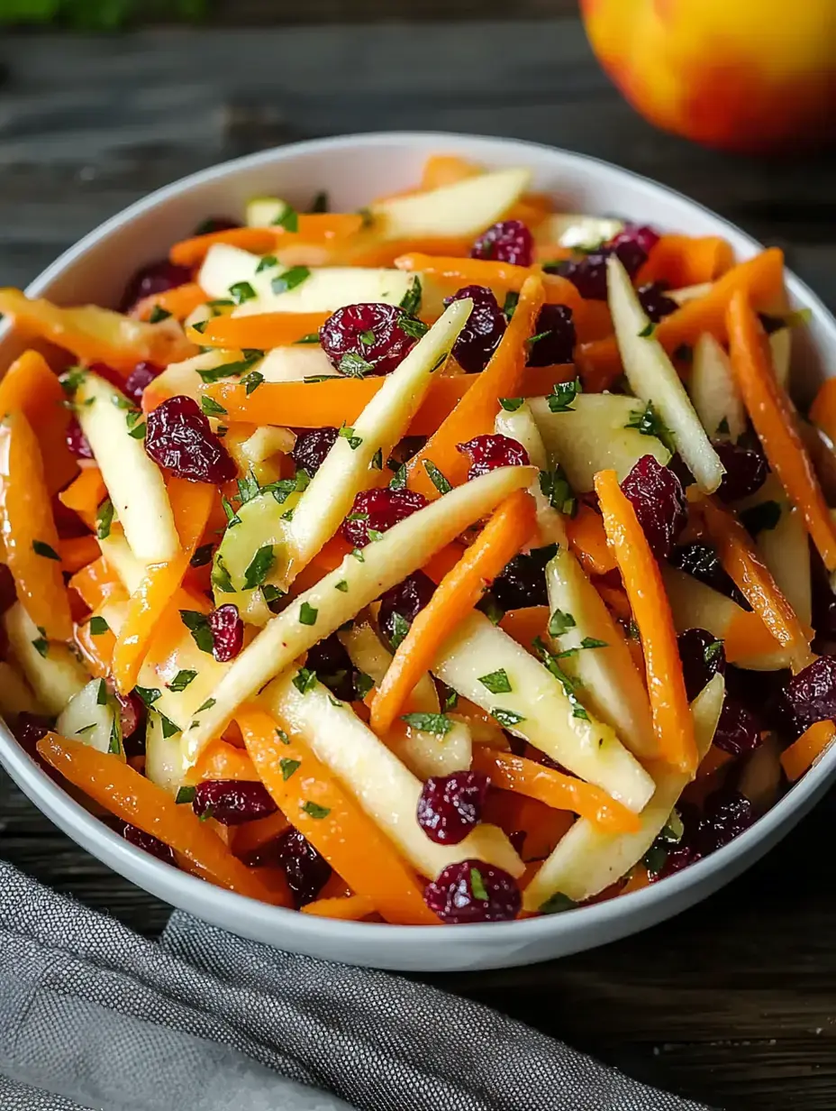 A bowl packed with bright sliced apples, carrots, and cranberries with a hint of parsley on top.