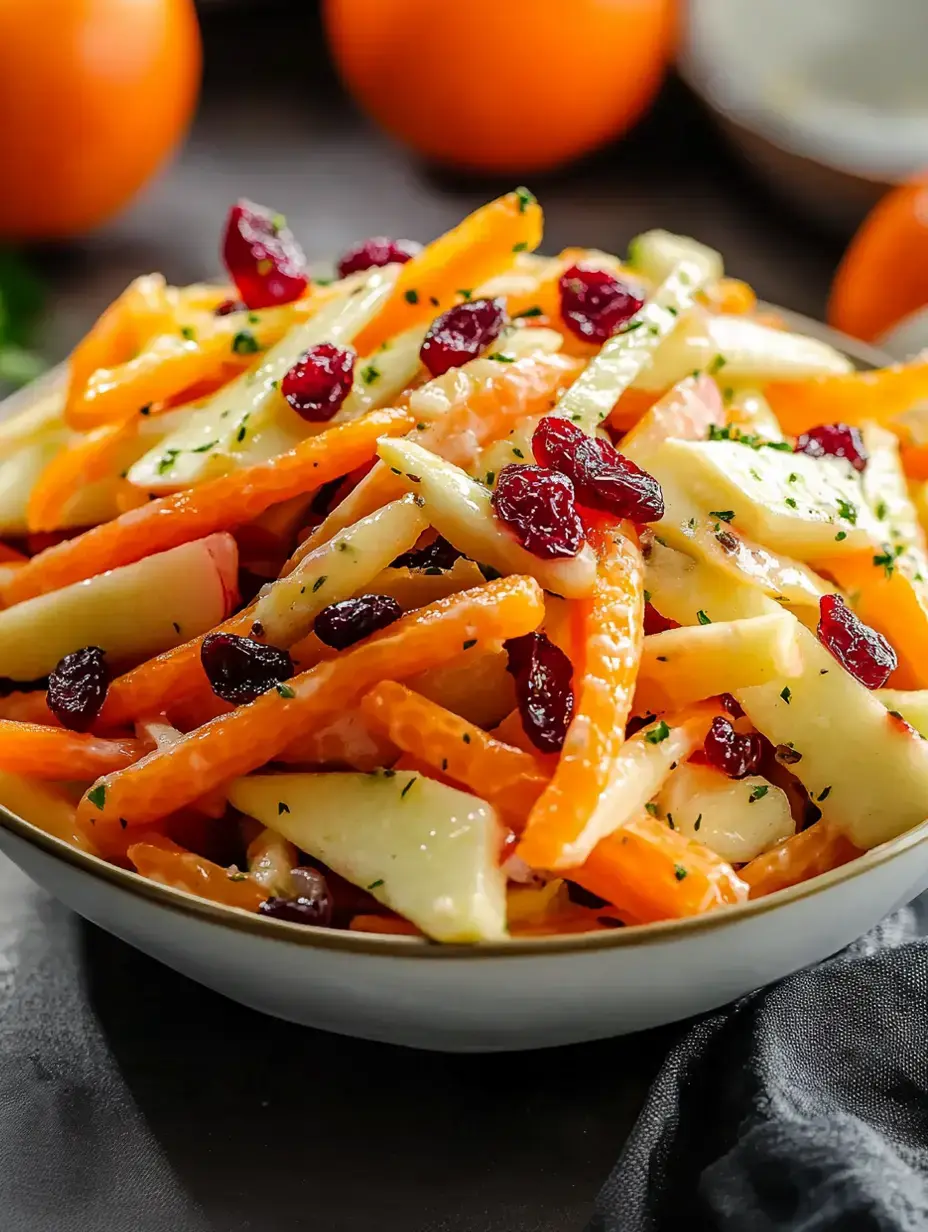A big bowl filled with orange slices, apples, carrots and cranberries decorated with parsley sprigs.