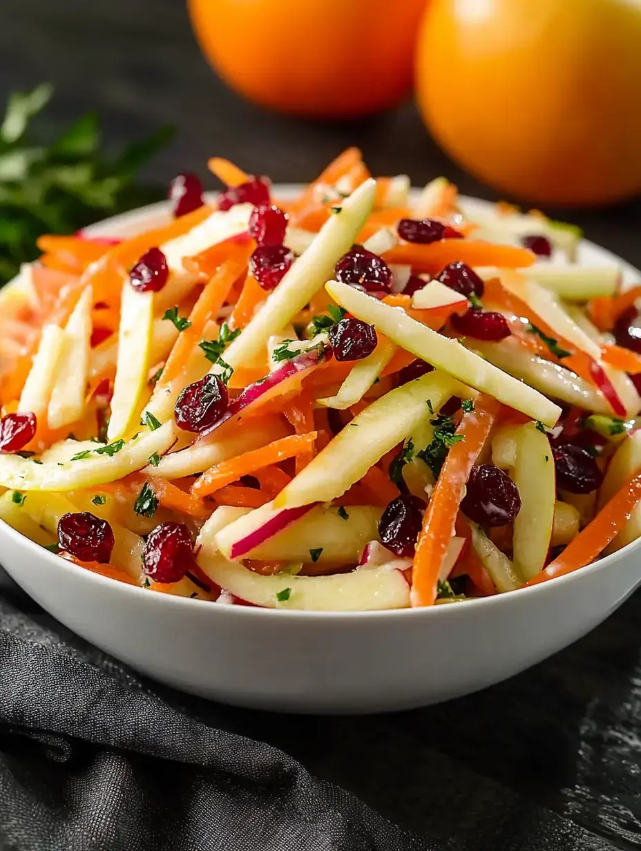 A bright bowl with shredded apples, carrots, cranberries, parsley and two oranges popping in the background.