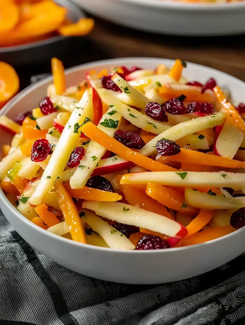 A white bowl loaded with apple, apricot strips, cranberries, and fresh herbs for color.