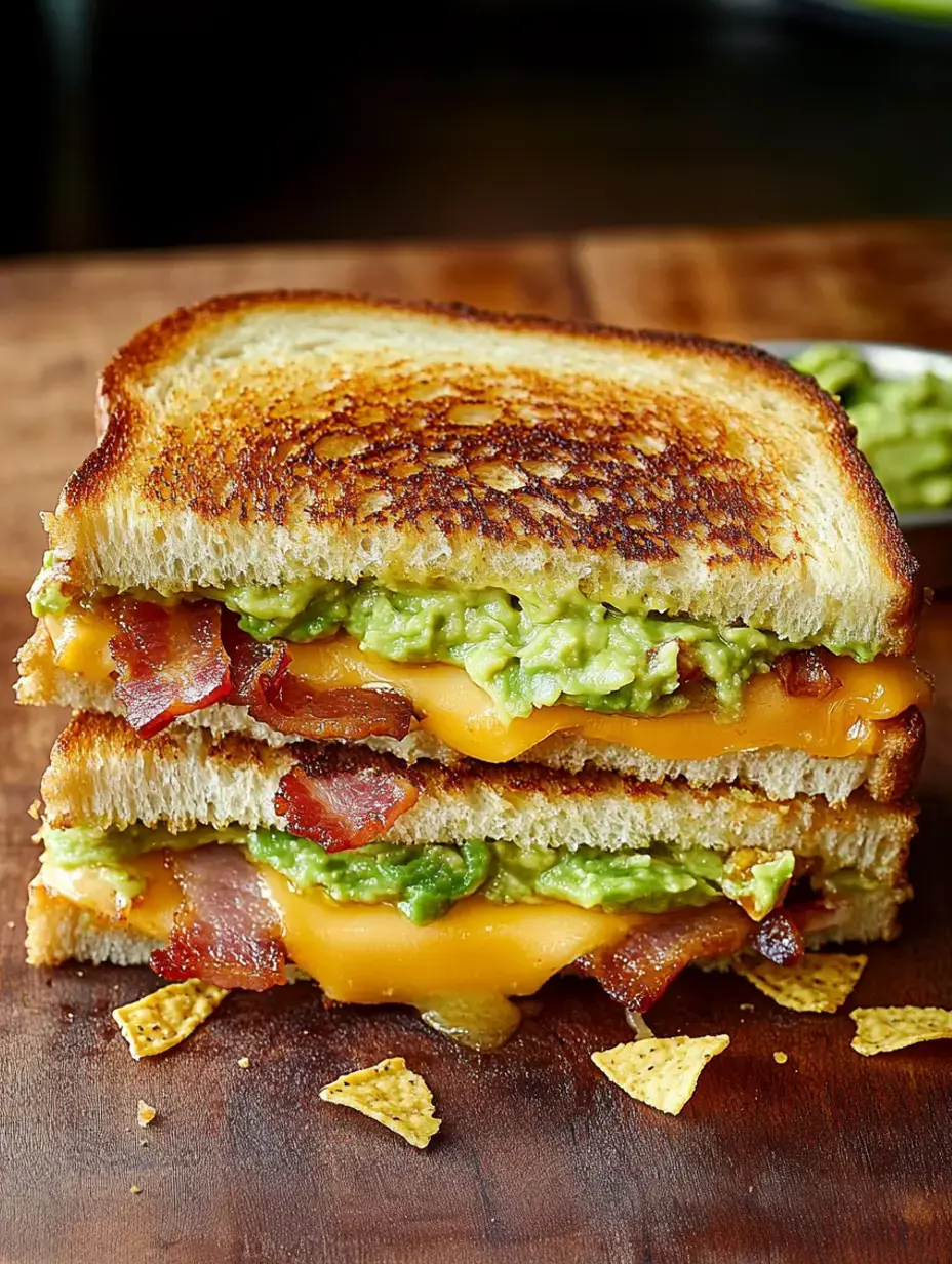 A gooey grilled sandwich stuffed with crispy bacon, cheese, and guacamole on crispy bread with some broken tortilla chips on the side.