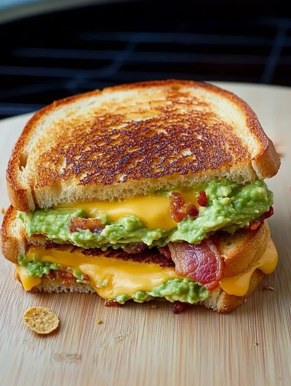 A grilled sandwich stacked high with bacon, creamy guacamole, and melted cheese sits on a wooden board.