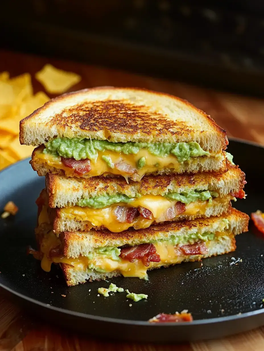 A tall grilled cheese with layers of melty cheddar, bacon, and guacamole rests on toasty bread on a black plate, chips nearby.