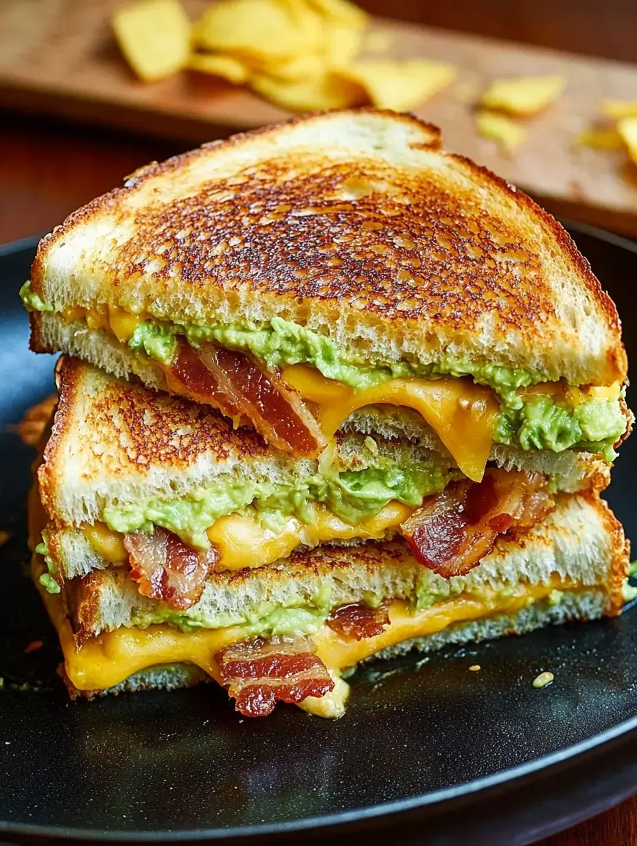 Close-up of a golden grilled cheese loaded with cheddar, avocado, and bacon on toasted slices, next to tortilla chips on a black plate.