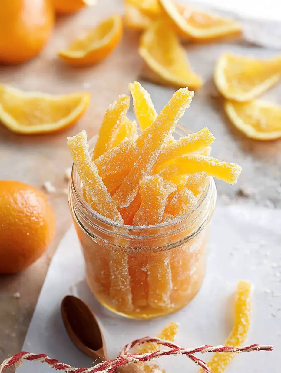 A glass container packed with glittering orange strips sits next to orange slices and whole oranges on a pale backdrop.