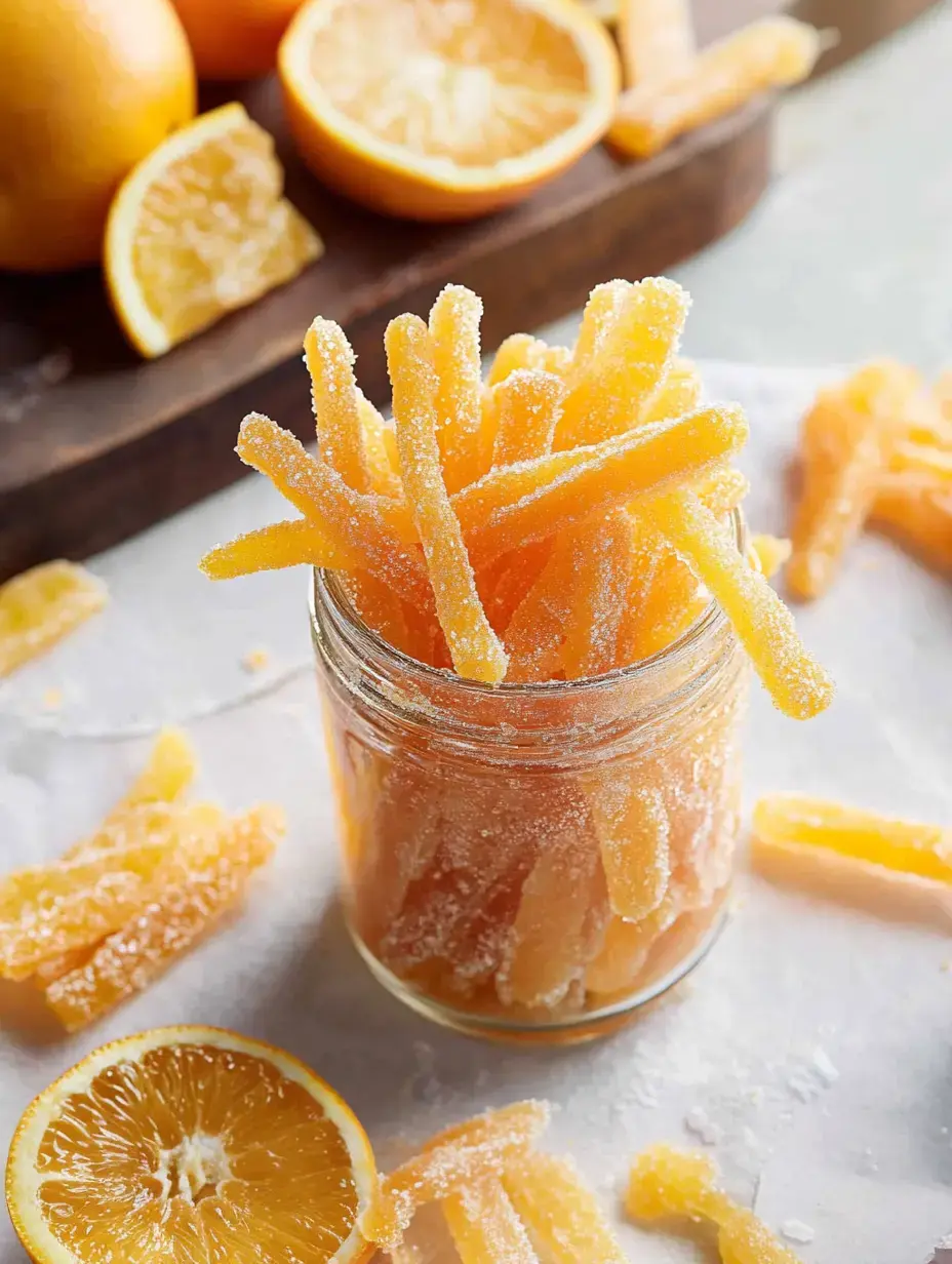 Sugary orange candy slices piled in a tall glass jar, surrounded by whole oranges and little strips scattered over a white table.