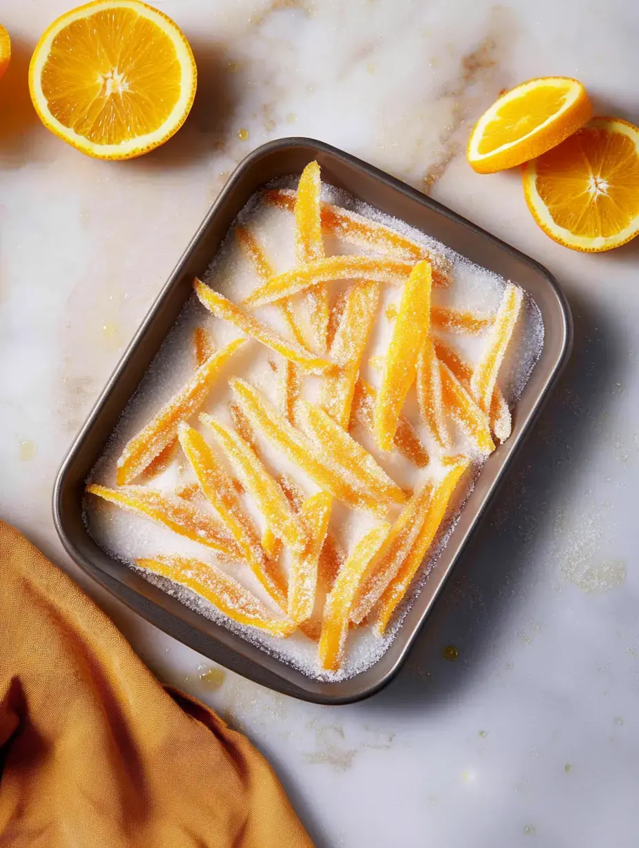 A pan holds sparkling candied orange pieces in sugar, next to bright orange halves and a golden towel.