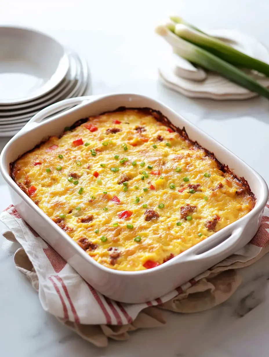 A white pan filled with golden cheese-topped casserole sits by serving dishes and chopped scallions.