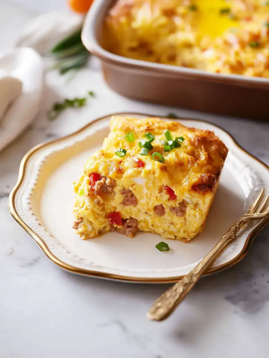 A single piece of hot breakfast bake on a pretty plate with green onions and a fork nearby.