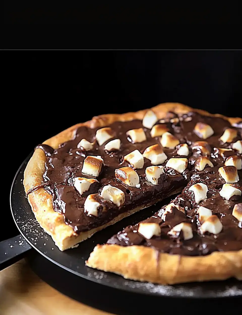 Chocolate dessert pizza with toasted marshmallows on a black plate, missing one slice.