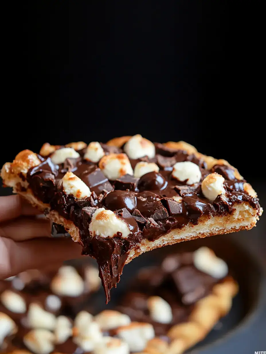 Hand lifting a slice of chocolatey dessert with marshmallows and chunks over a dark background.