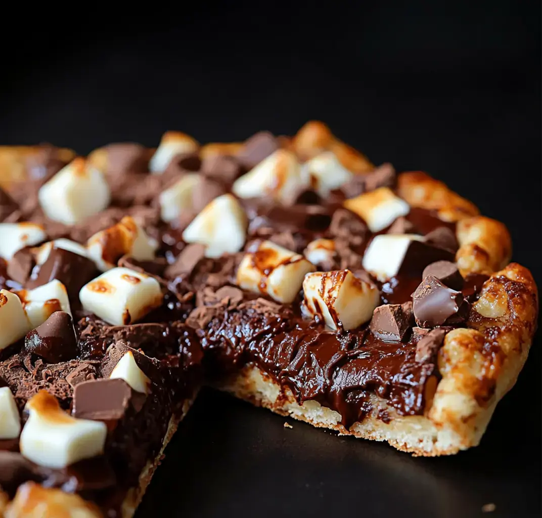 Close-up of a chocolatey dessert with a flaky base, melted chocolate, marshmallows and chunks of chocolate.