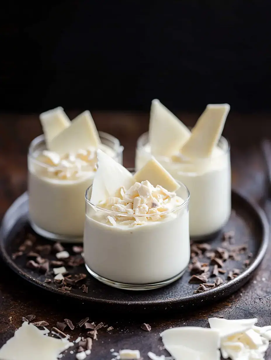 Three glasses of pillowy mousse with white chocolate flakes and triangle chocolate bits on a dark plate. Chocolate pieces scattered all around.