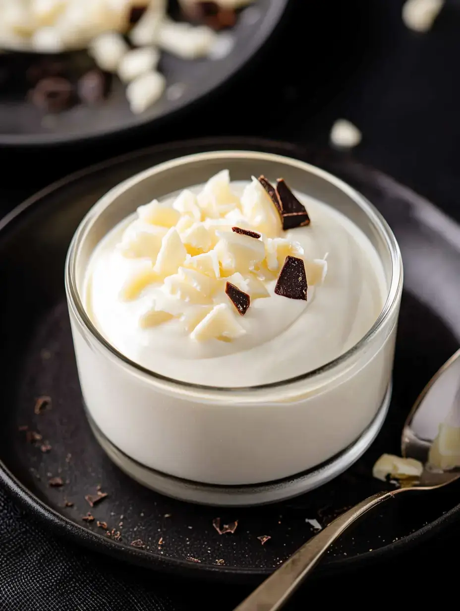 A glass jar brimming with fluffy mousse and topped with two kinds of chocolate shavings sits on a moody plate.