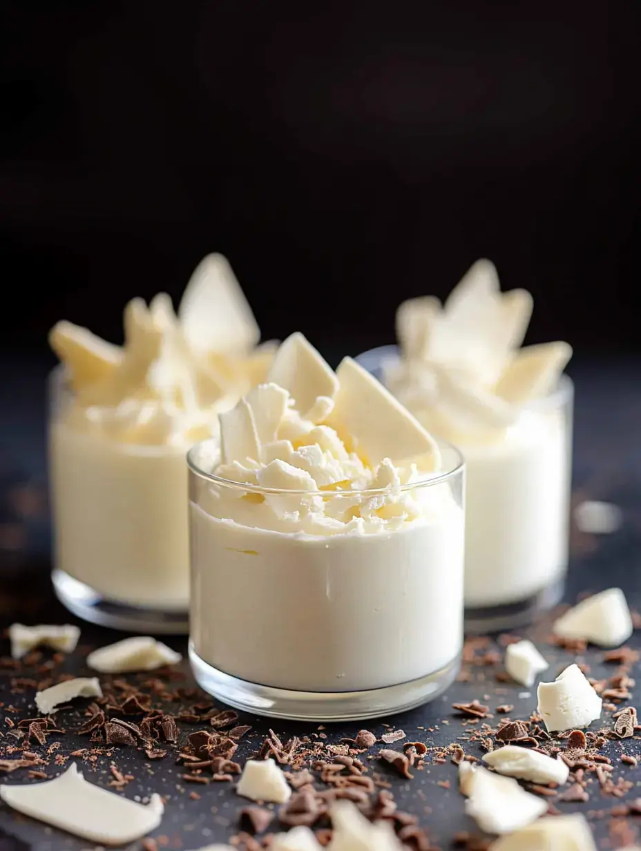Three fancy glasses stacked with fluffy white mousse and big white chocolate flakes. Chocolate bits scattered around grab your attention.