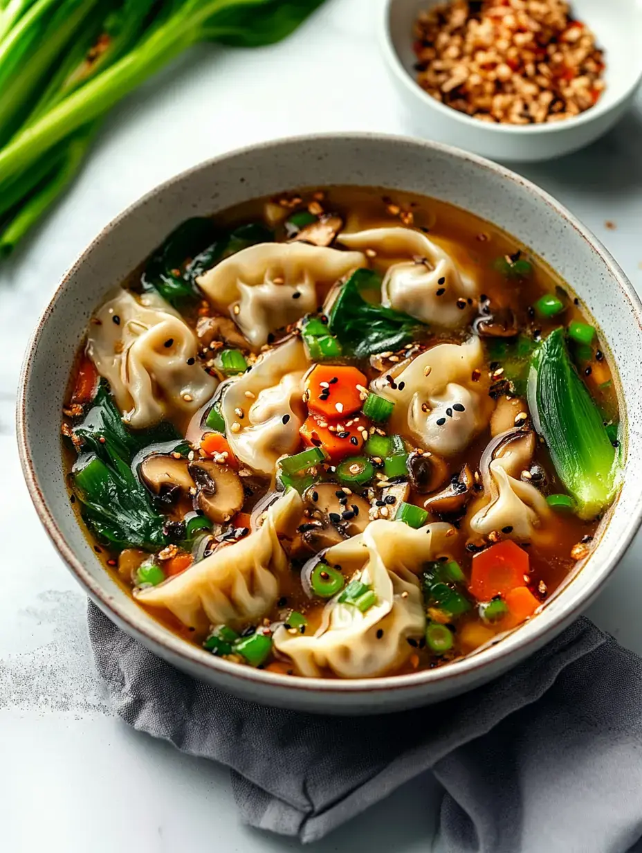 A steaming bowl of dumpling soup with veggies, topped with sesame seeds, placed on a gray napkin, with small red pepper flakes in a dish nearby.