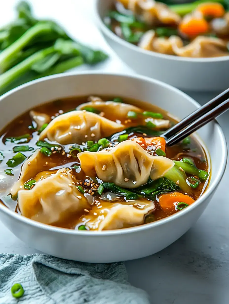 A closeup shot showing a steaming soup bowl with dumplings and green onions, chopsticks lifting one dumpling from the broth.