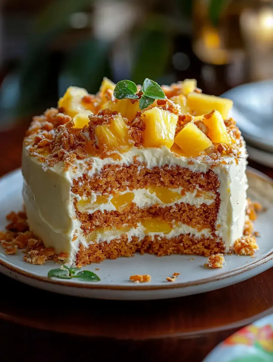 A beautiful layer cake with cream, pineapple bites, and a crispy topping, cut to show the inside.