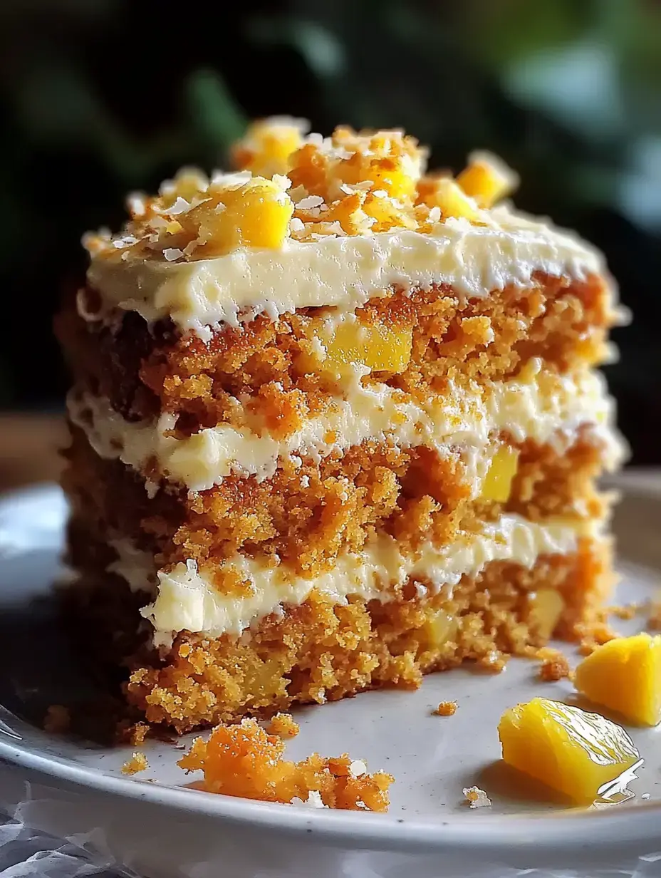 A piece of rich cake with creamy layers and fruit chunks, finished with yellow fruit on top.