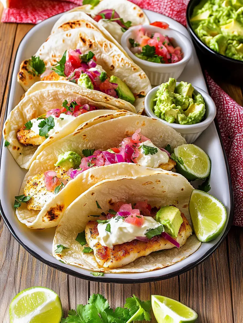 A tray packed with fish tacos finished with toppings like guacamole, cilantro, lime, pico de gallo, and avocado.