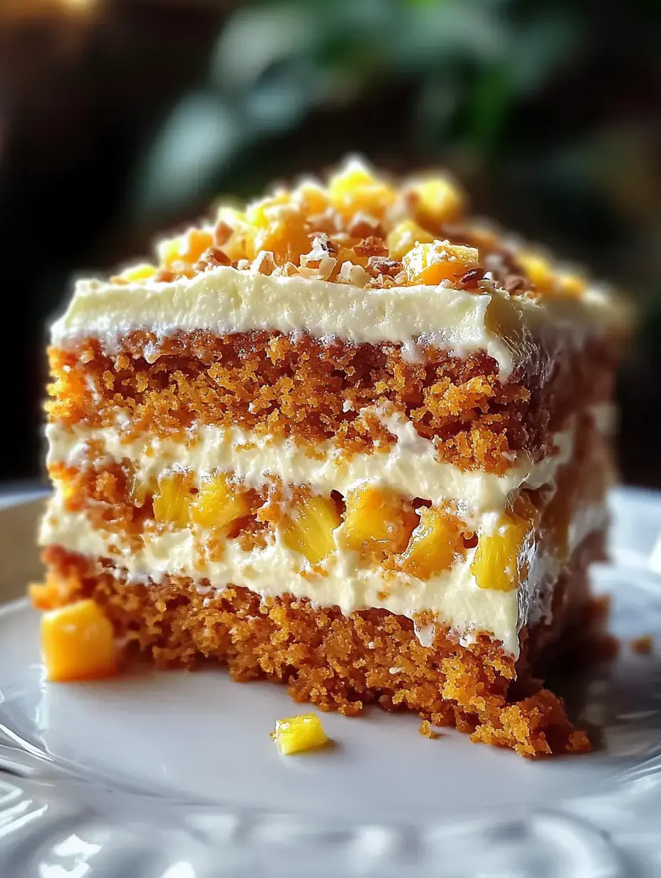 A rich cake slice packed with pineapple pieces and fluffy frosting, with a blurry background.