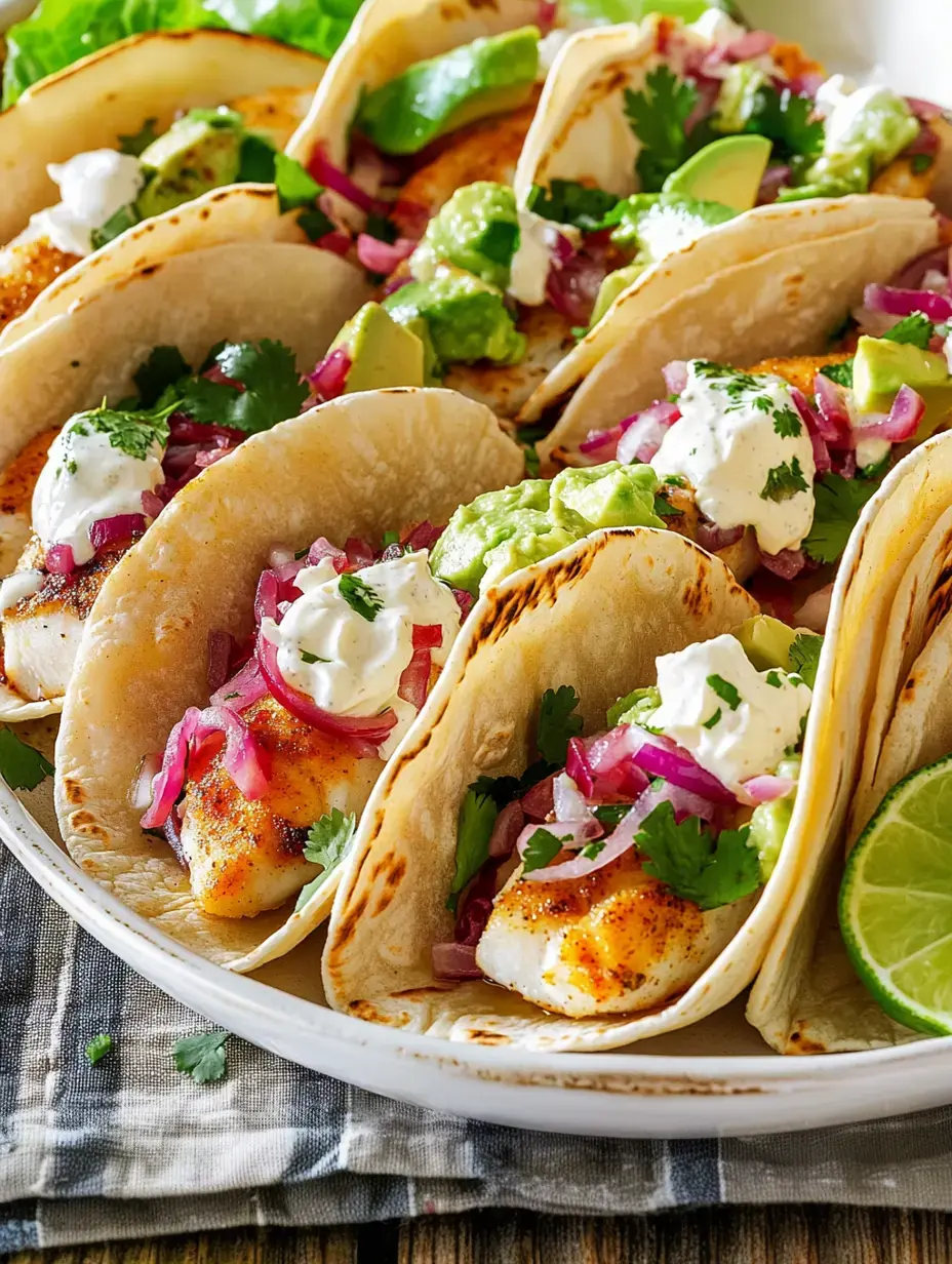 Zoomed-in plate showing fish tacos with avocado, cream, cilantro, and red onions and a lime wedge nearby.