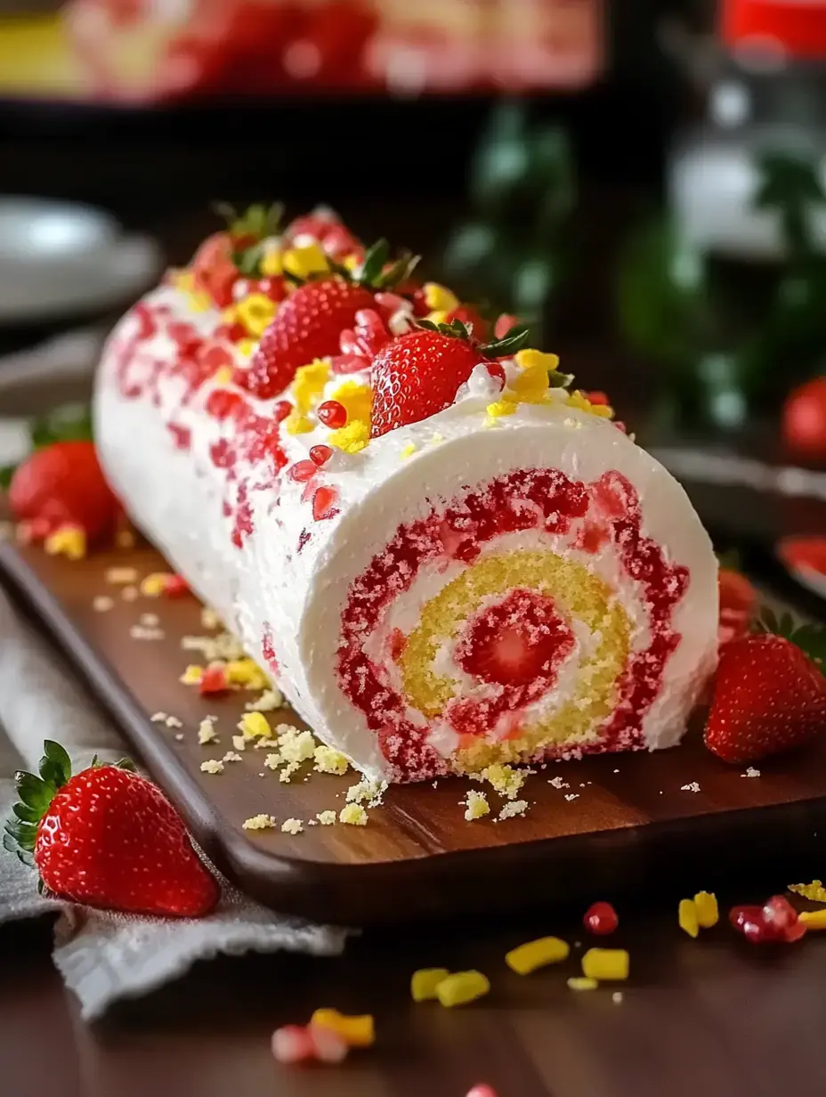 A bright, strawberry-stuffed rolled cake sits on a wooden board with fresh strawberries and colorful toppings all around.
