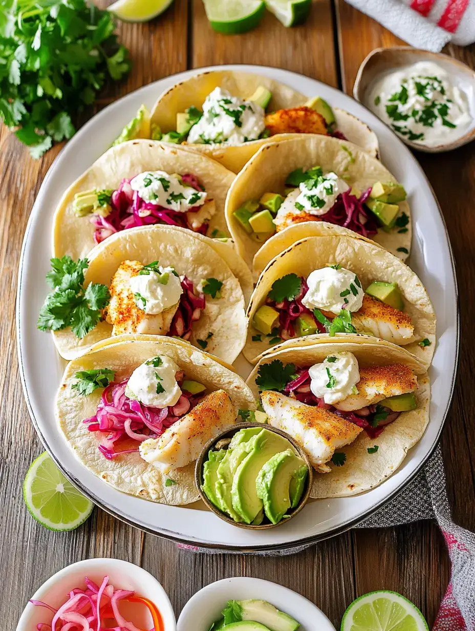 A big platter lined with six loaded fish tacos, topped with tangy pink onions, creamy sauce, avocado, plus lots of lime and extras on the side.