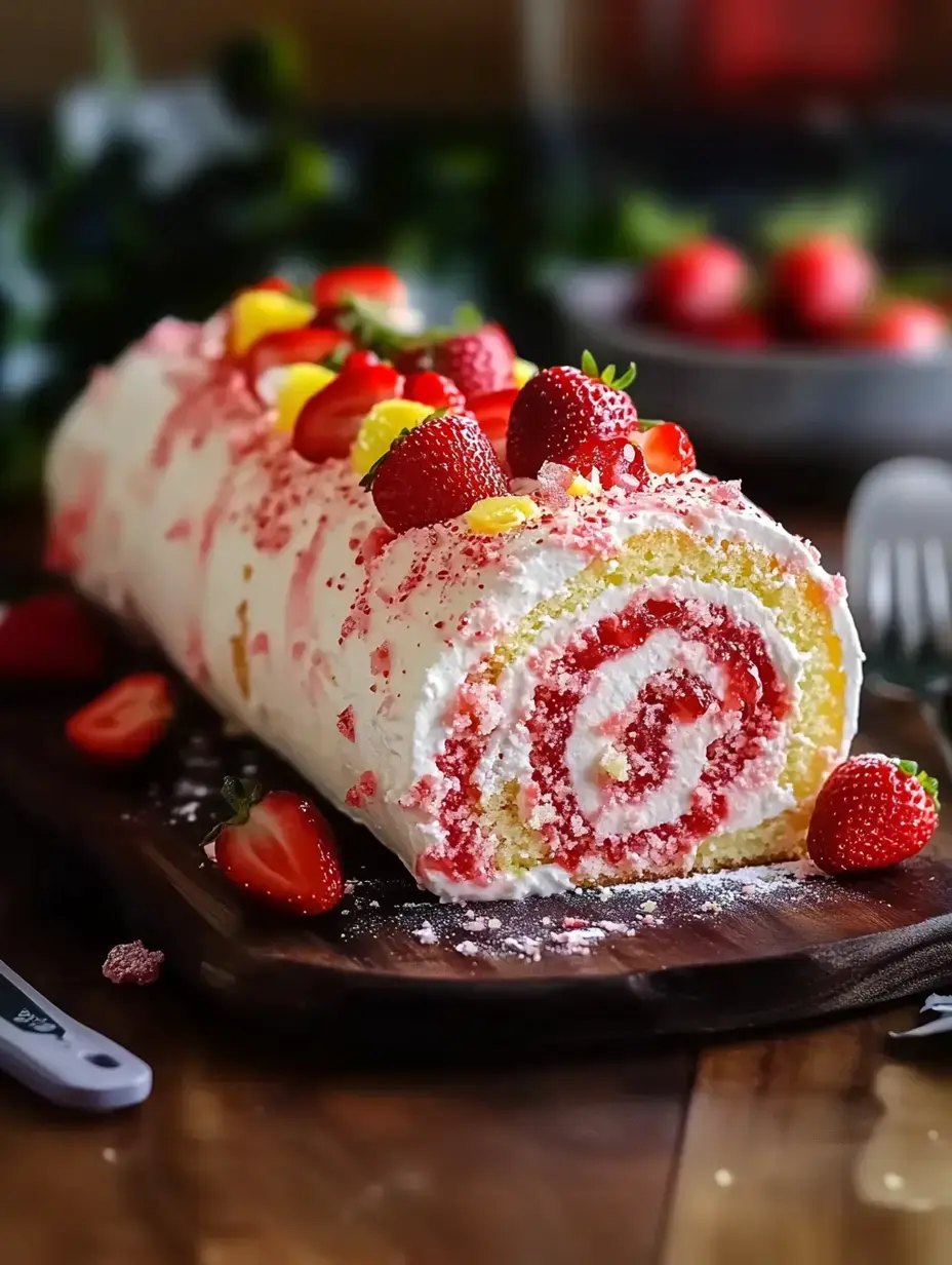 A pink swirled rolled cake with strawberries and colorful sugar, placed on a wooden board looking bright and festive.