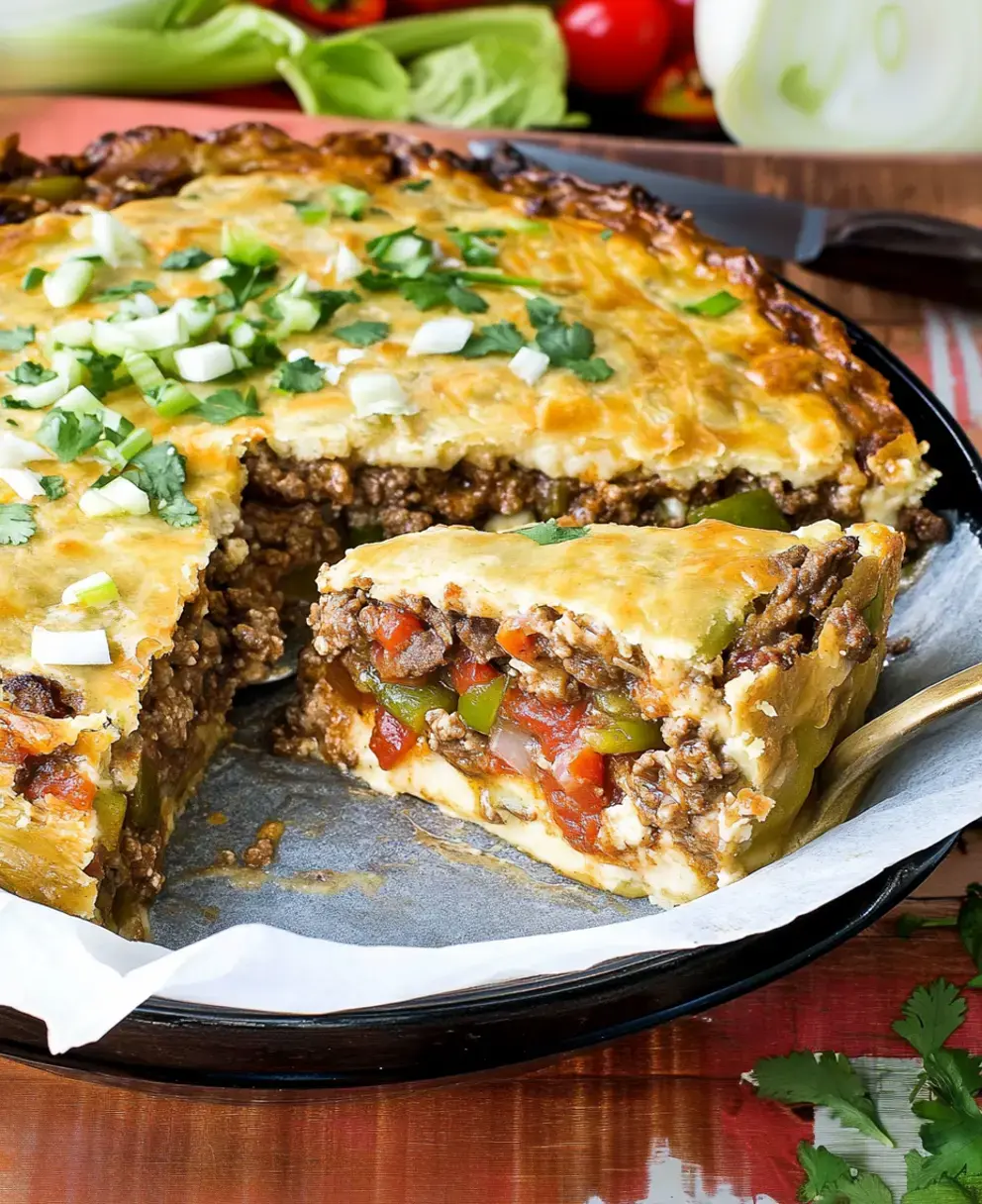 A hearty, layered pie with beef and sausage nestled under a golden cheesy crust, brightened with cilantro and green onions—it’s served in a deep round baking dish.