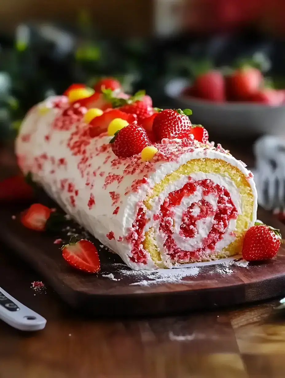 A bright, rolled cake packed with strawberries and colorful sprinkles sits on a wooden board ready to share.