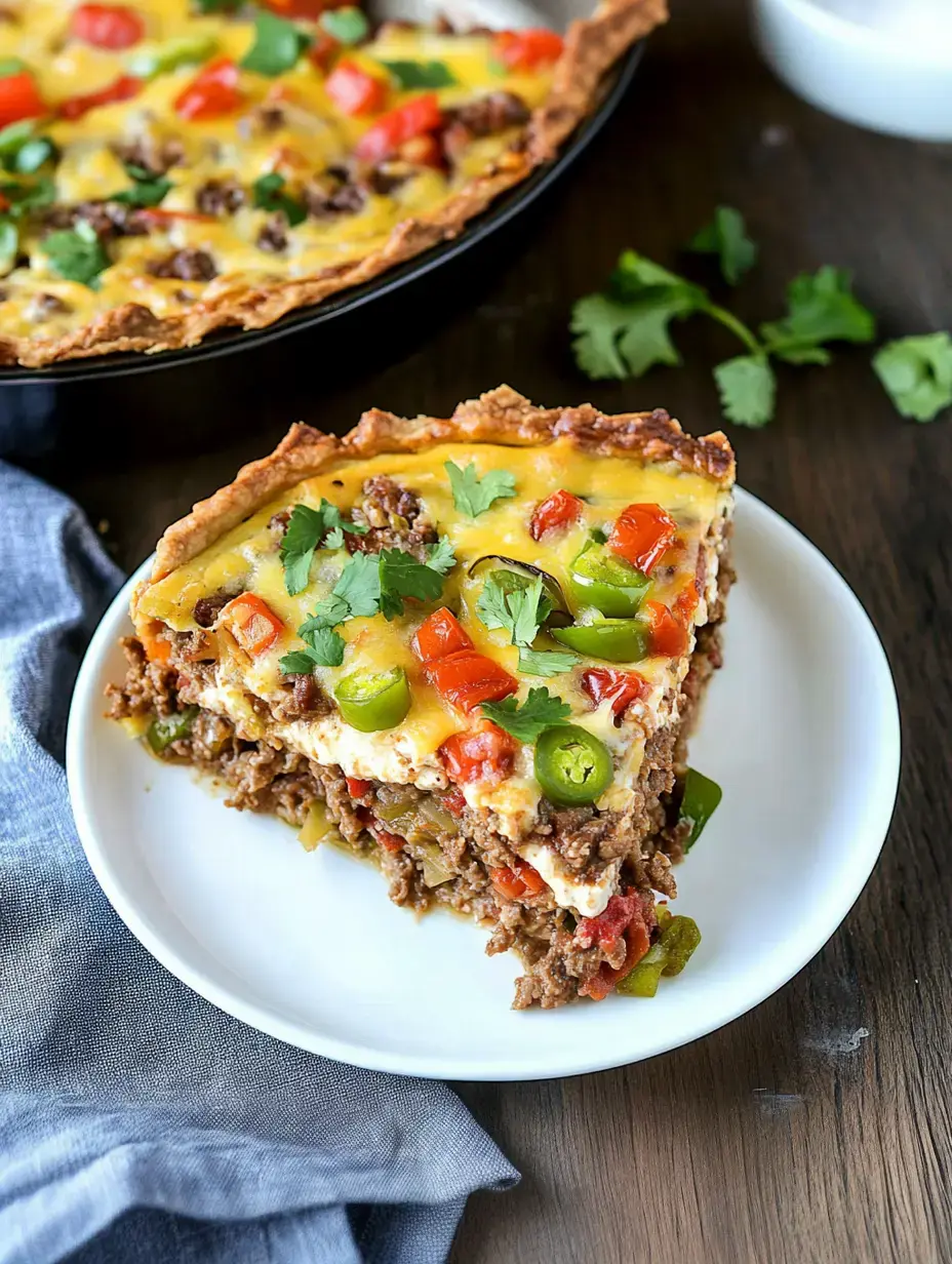 A cheesy, layered meat and veggie pie finished with a bunch of cilantro on a white plate—look in the back for the rest of the bake ready to share.
