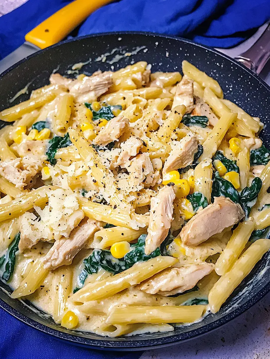 A skillet packed with creamy noodles, bits of chicken, baby spinach, and corn, all bubbling under cheese and cracked pepper.