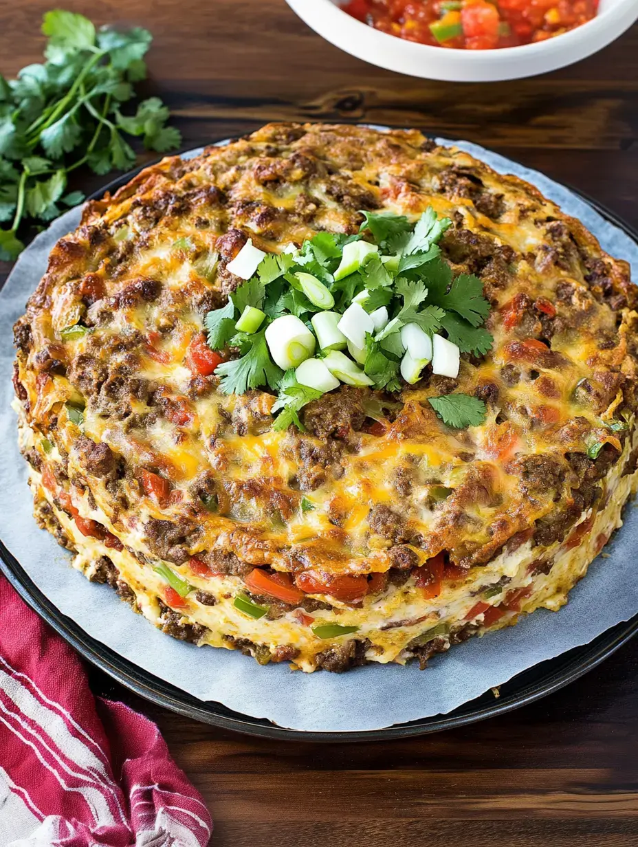 A big Tex-Mex casserole with layers, fresh green onions, and cilantro next to a salsa bowl on a wooden surface—it’s totally ready for dinner.