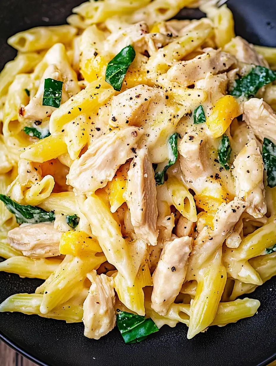 Dark bowl filled with creamy pasta, shredded chicken, spinach, and zips of black pepper for a cozy finish.