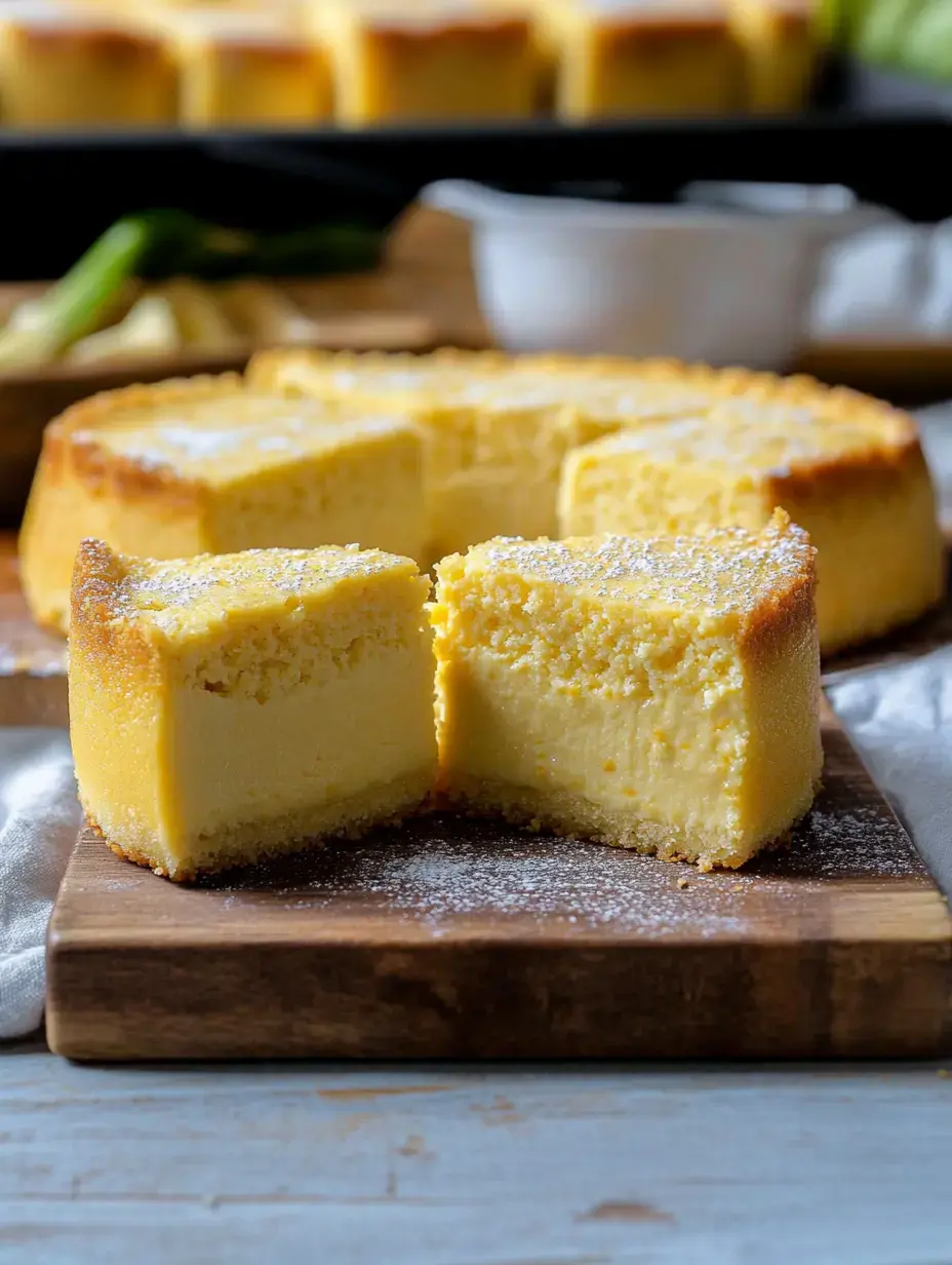 A creamy cheesecake slice dusted in powdered sugar on a wooden board, with more slices in the back.