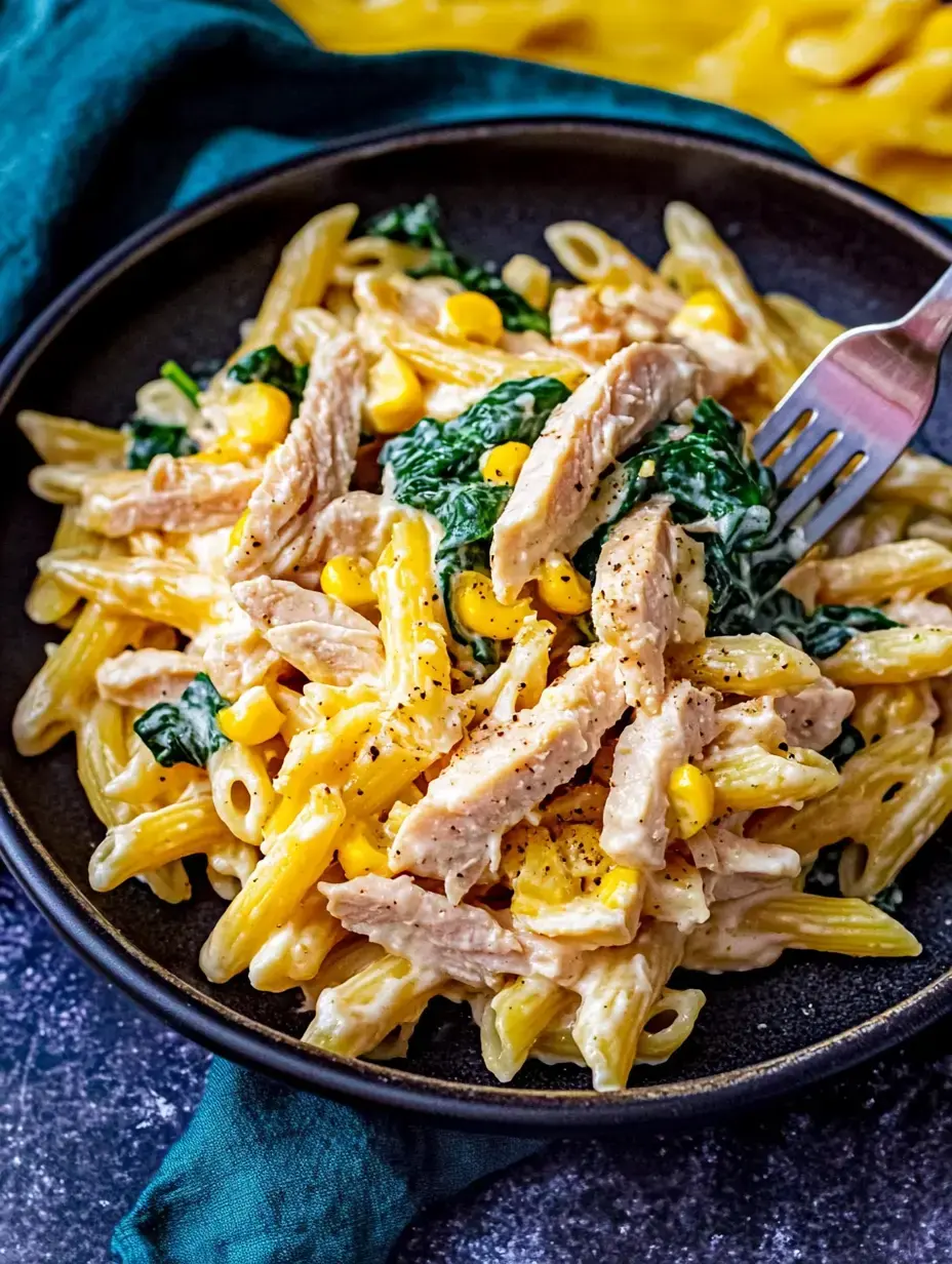 Steaming hot bowl of creamy noodles with chicken, corn, and spinach, all cozied up with pepper on top.