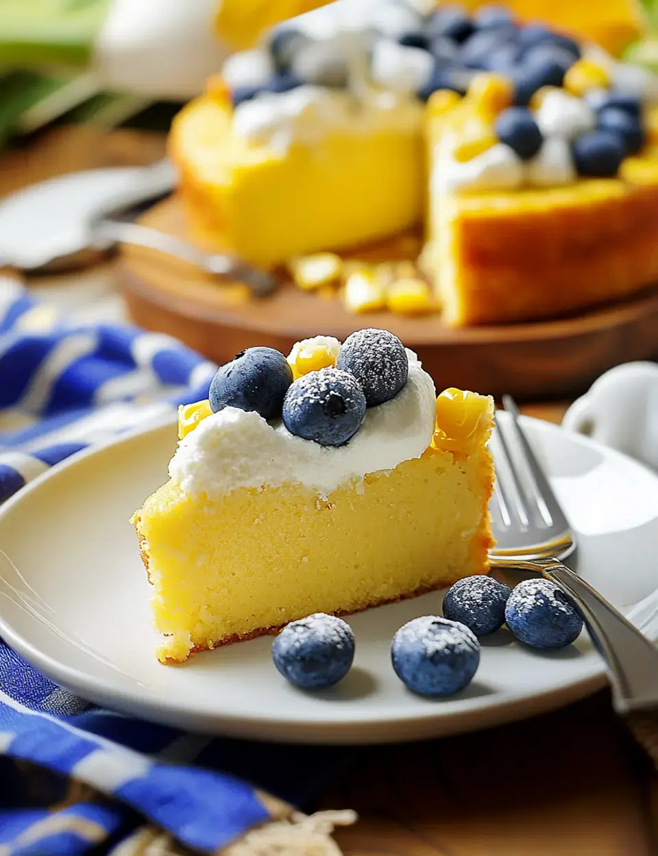 A slice of moist yellow cake covered with whipped cream and blueberries on a plate, with extra berries on the side.