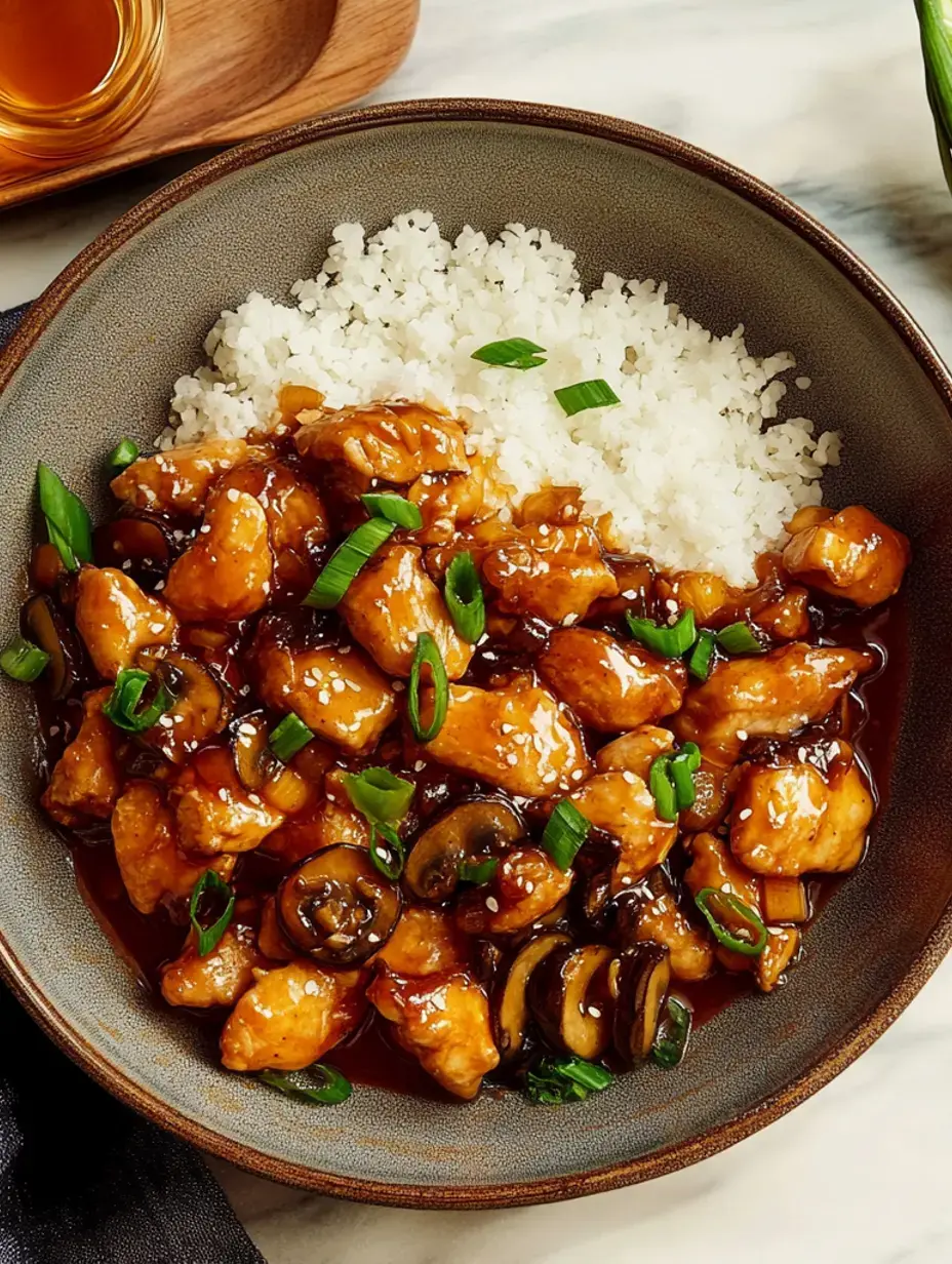 A bowl of golden chicken tossed in a tangy sauce, served atop fluffy white rice, finished with chopped mushrooms and green onions.