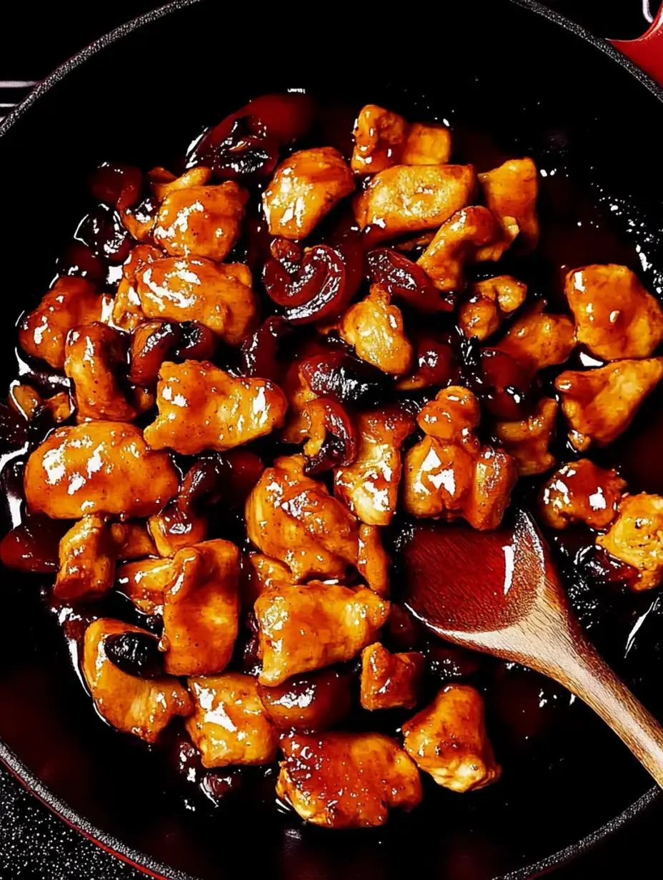 Juicy chicken bathed in a shiny brown glaze, garnished with mushrooms, all sizzling in a black pan with a wooden spoon.
