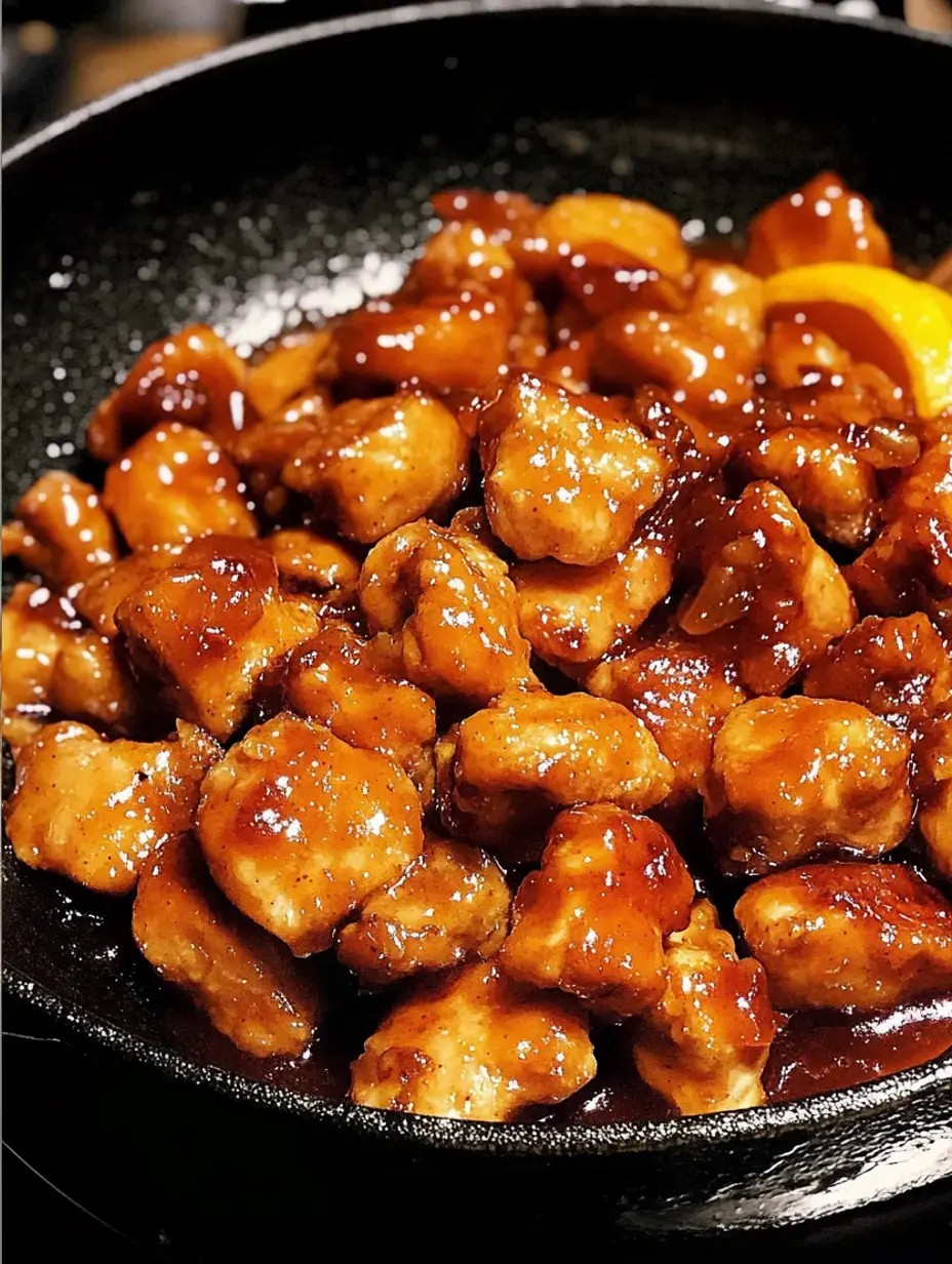 Glazed chicken bites and orange slices nestled in shiny brown sauce, all in a dark skillet.