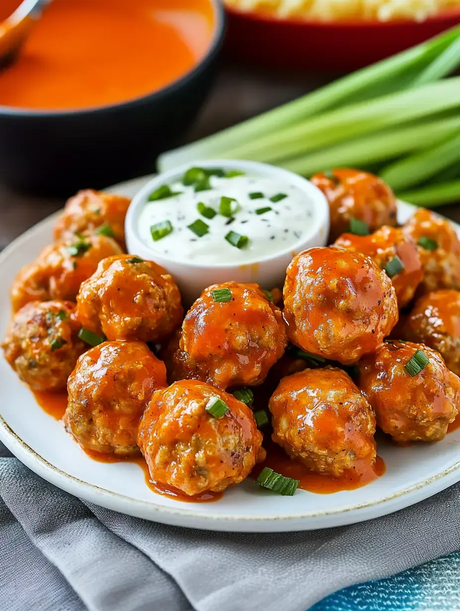 A plate holding spicy meatballs smothered in sauce, next to a small bowl of ranch and crisp celery sticks.