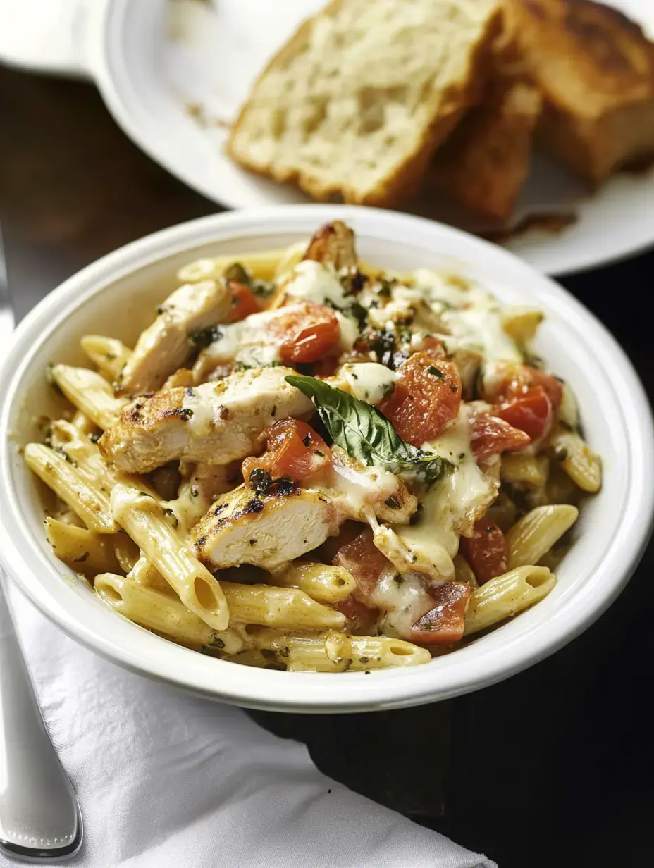A hearty bowl of steaming pasta mixed with grilled chicken chunks, juicy cherry tomatoes, and gooey melted cheese, with crusty bread visible nearby.