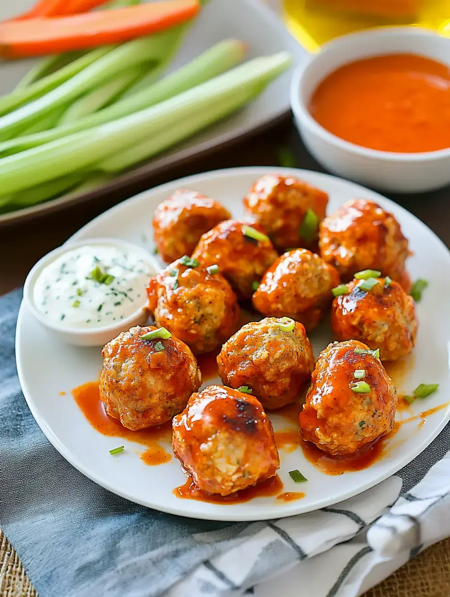 A plate topped with spicy sauced meatballs, a scoop of creamy dip, and crunchy veggie sticks on the side.