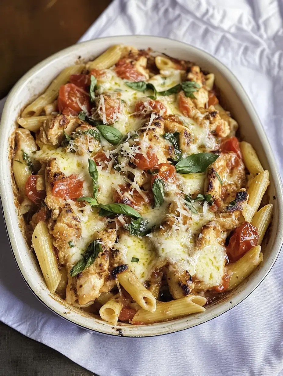 A steaming dish of golden penne pasta mixed with tender chicken pieces, bright tomatoes, and stretchy melted cheese topped with green basil leaves.
