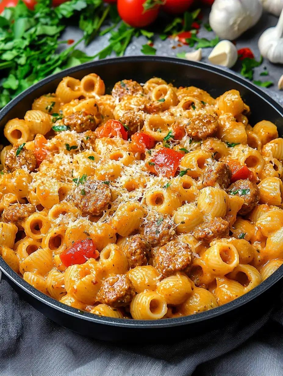 A vibrant bowl shown up close featuring sausage, noodles, tomatoes, cheese sprinkles, fresh herbs, and colorful veggies all around.