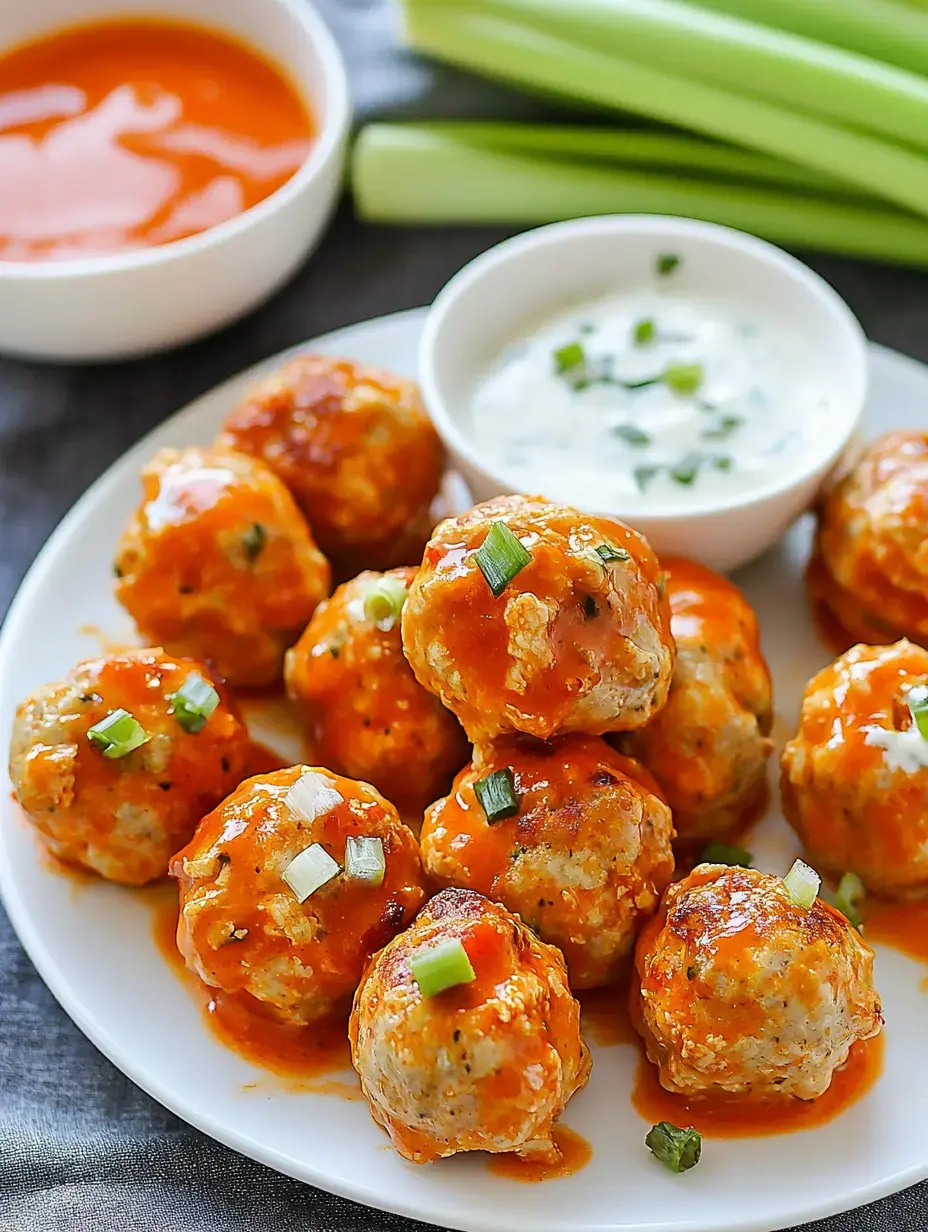 A platter of meatballs glazed in buffalo sauce, fresh green onions sprinkled over, with ranch dip and celery stacked nearby.
