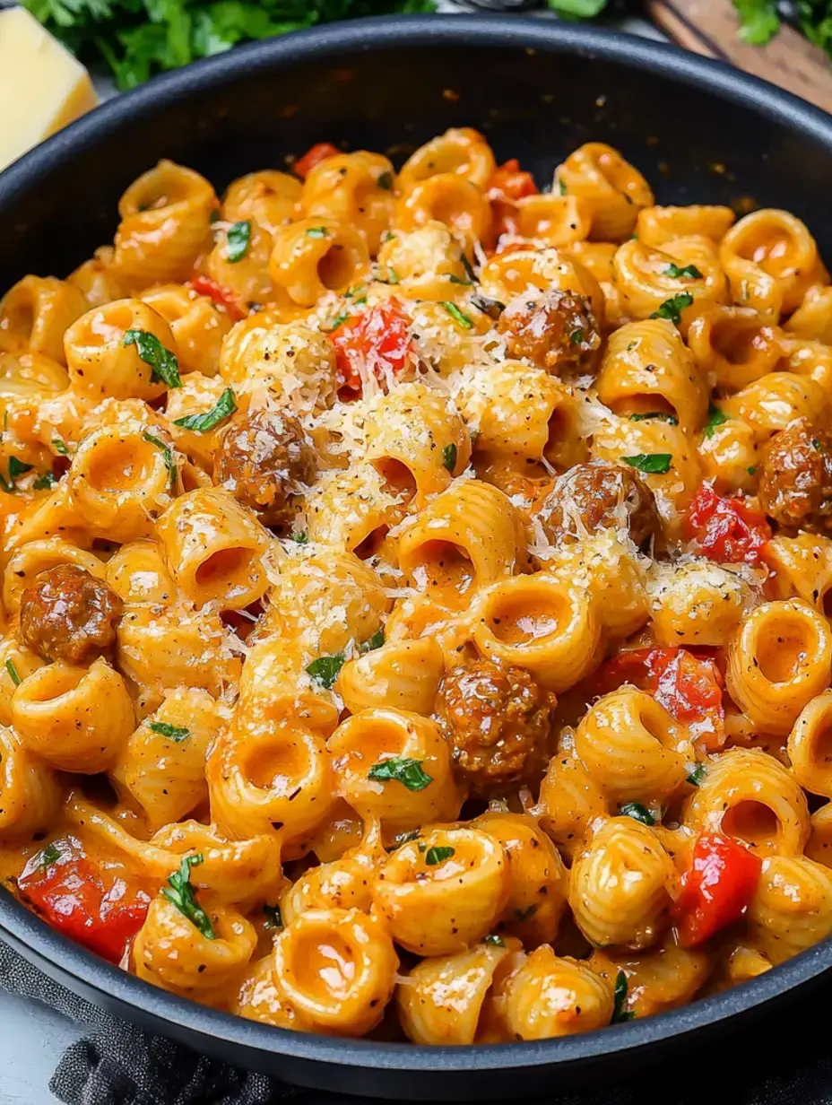 An inviting close-up of noodles in creamy sauce, topped with meatballs, herbs, red peppers, and a sprinkle of cheese.