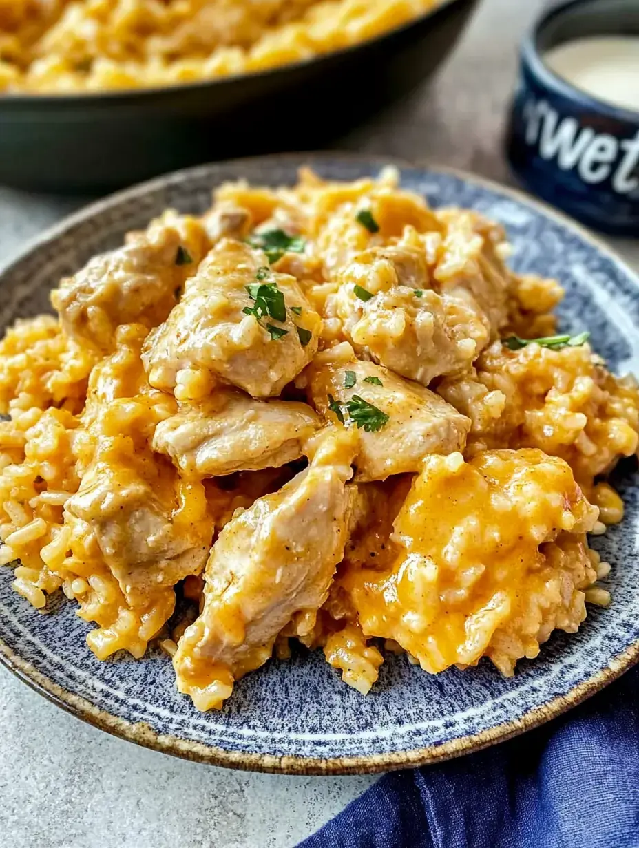 Creamy chicken and rice on a plate, sprinkled with chopped parsley, with another plate waiting in the background.